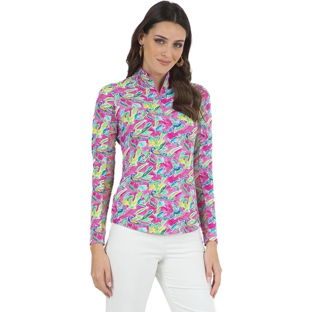 IBKUL Long Sleeve Zip Mock Neck Top‎ Rachel Hot Pink Peacock Print Size XL